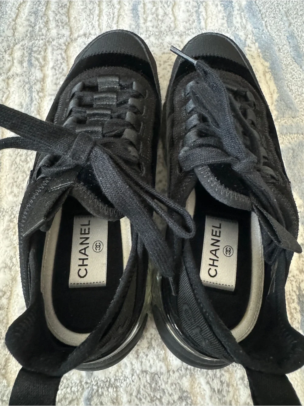 Chanel Black Velvet & Suede Sneakers CC Logo and Clear Quilted Heel